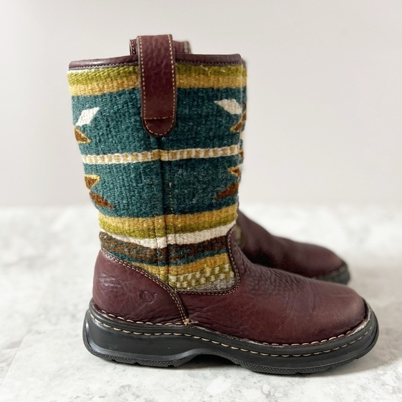 BORN Leather Wool Blanket Aztec Print Boots 36.5 / 6.5 Green Southwestern Boho - Picture 5 of 12